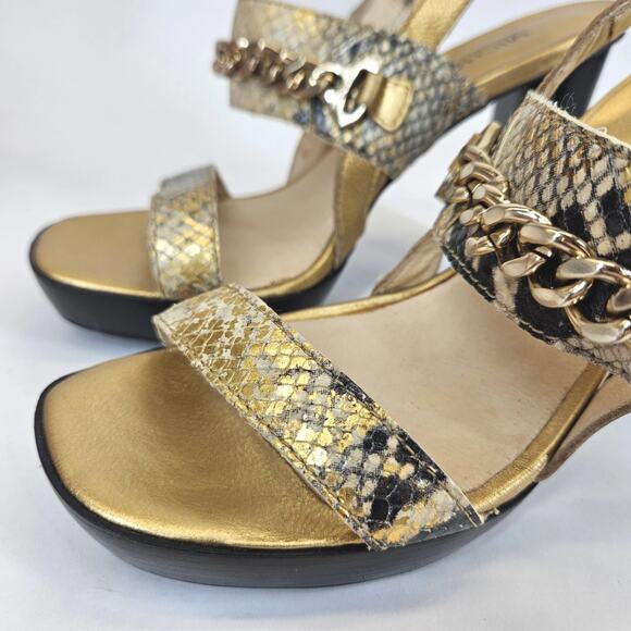 Michael Kors Sandal Women 7M Gold Snake Animal High Heel Chunky Boho Y2K 4.5"H - Picture 4 of 9